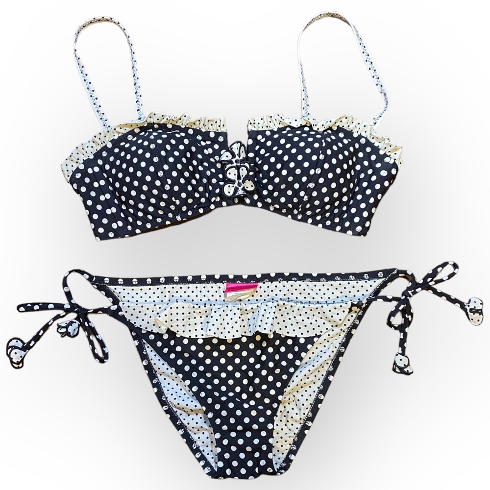 NWOT Betsey Johnson Black White Polka Dot Flower Bikini Swimsuit Size Large